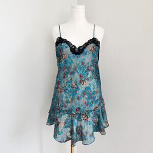 Vintage 80s 90s Victoria's Secret Blue Floral Mesh Lace Trim Slip Dress L